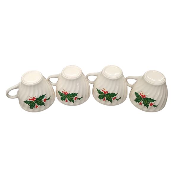 Vtg Scio Pottery Holly Berry White Swirled Ceramic Tea Coffee Cups Set Of 4 - Picture 3 of 5